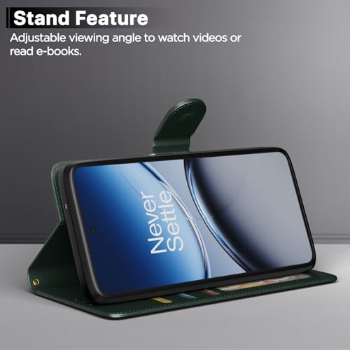 Image of Amazon Basics Flip Cover for OnePlus Nord 5 5G Leather Finish | Wallet Stand and Shock Proof | Inside TPU with Card Pockets | Complete Protection Flip Case (Green)