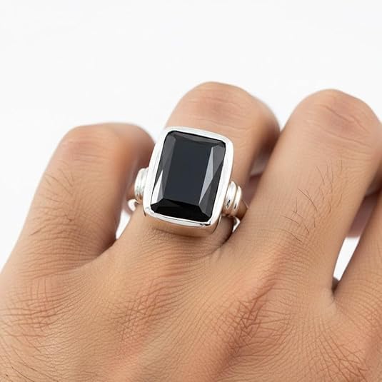 Image of 55Carat Natural Black Onyx Ring Sterling Silver Rectangle Shape Astrology US 4,5,6,7,8,9,10,11,12