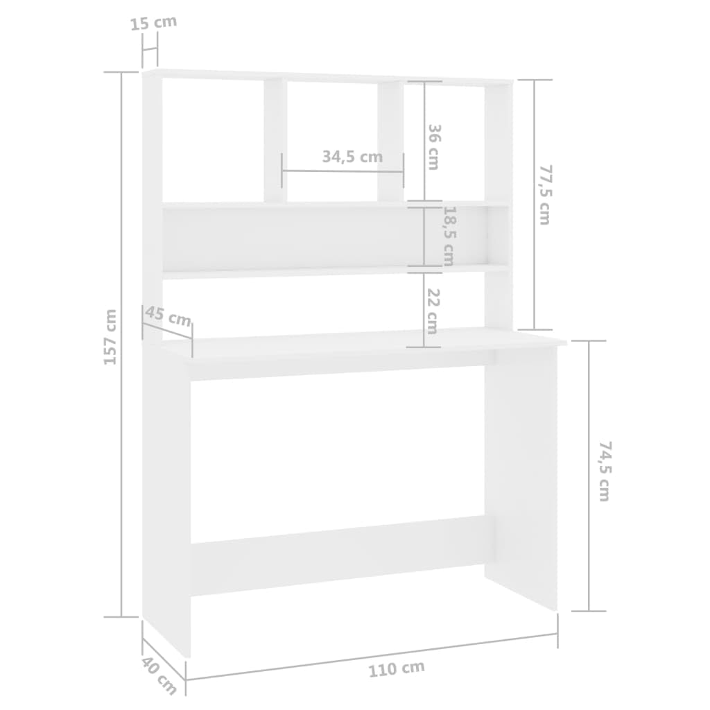 Scrivania con vano portaoggetti e ripiani, bianco lucido, 110 x 45 x 157 cm, in legno, design verticale per piccolo ufficio, organizza cartelle e accessori per PC