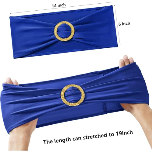 Image of Royal Blue Chair Sashes 50 Pack, Spandex Blue Chair Bows with Gold Buckle for Wedding Decoration, Stretch Blue Chairs Bands for Party Banquet Gender Reveal Decor