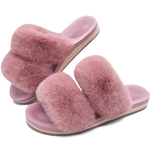 COFACE Fluff Women's Faux Fur Slip-On Slippers with Arch Support