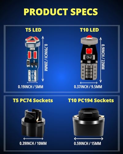 Image of WLJH 40 Pack Red T10 T5 LED Bulbs with Twist Sockets, 194 168 W5W 2721 74 | 4014 SMD, 300lm, Polarity-Free, Dimmable, for Dash Gauge Lights, Instrument Cluster, HVAC, Interior Dome Map, License Plate