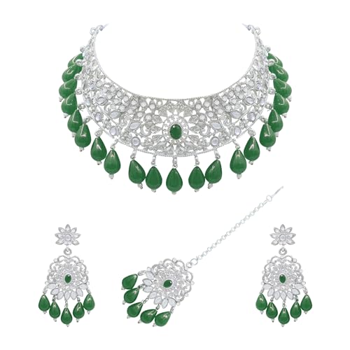SAIYONI Wedding Collection Beautiful Choker Silver Plated Artificial Stone & Beads Studded Choker Neckalce Earring With Maangtikka Jewellery Set