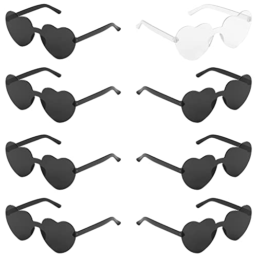 Xcsaide 8 Pares Sol con Forma de Corazón, 1 Novia Translúcida y 7 Gafas de Novia del Equipo Rosa para Fiesta, Gafas con Forma de Corazón para Novia (Negro) Cover
