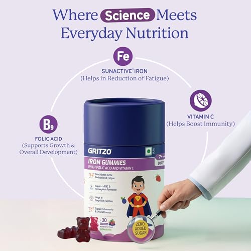 Image of Gritzo Iron Gummies for (7+ Boy), Mixed Berry, 30 Gummies | With Folic Acid & Vitamin C | Zero Added Sugar