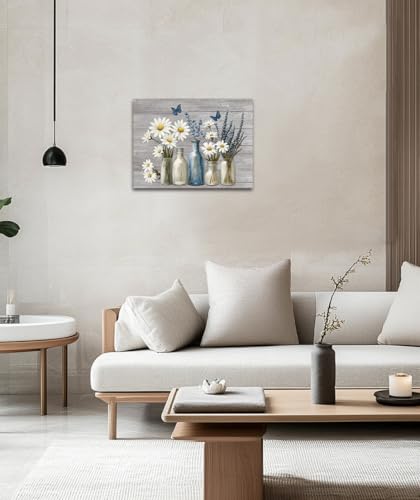 fengyuyi Rustic Flower Canvas Wall Art Bathroom Picture Wall Decor White Daisy Blue Lavender Butterfly Painting Prints for Living Room Bedroom Bathroom Decor 12x16inch - Image 3