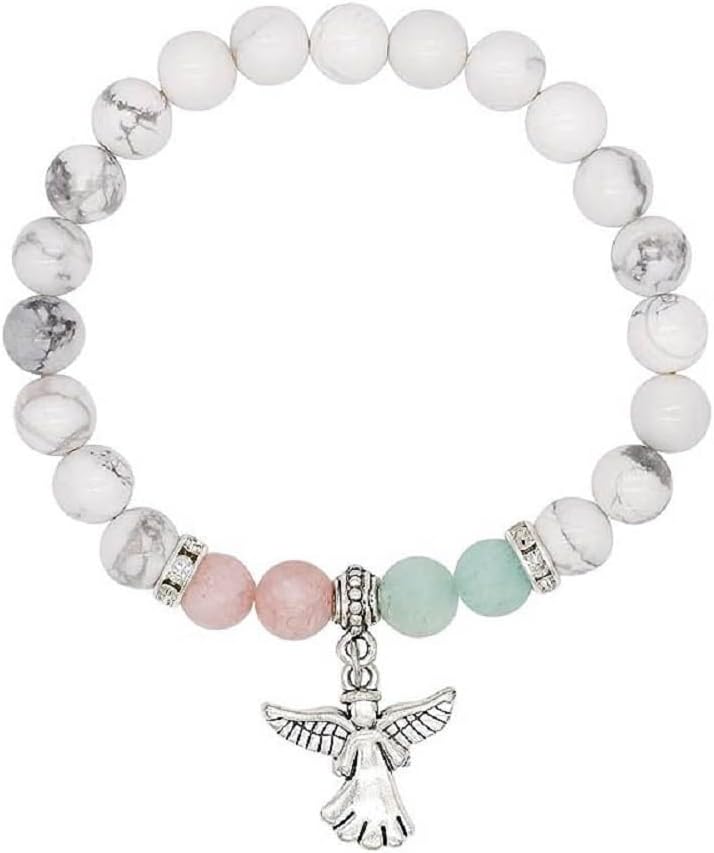 Guardian Angel Charm Bracelets for Women Healing Crystal Beaded Stretch Elastic Bracelet Memorial Protection Sympathy Gift Natural Stone Inspirational Bracelet Faith and Love Jewelry