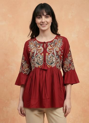 Image of Bee M Pee Designer Women's Short Kurti Navy Embroidered Viscose Rayon Tunic Tops