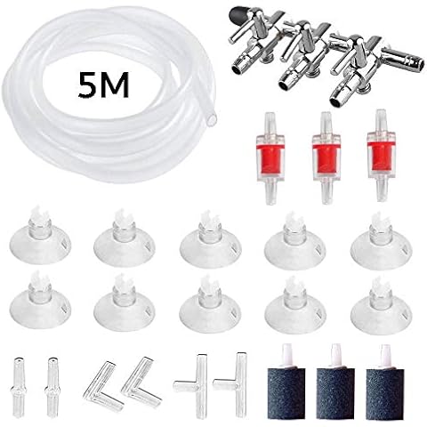 Aquarium Air Flow Control 24 in 1 Kit, including 3-Way Air Valve Distributors, 5M Airline Tube Hose, 3 Non-return Check Valves, 3 Air Bubble Stone, 10 Suction Cups & 6 Connectors for Fish Tank Pumps Cover