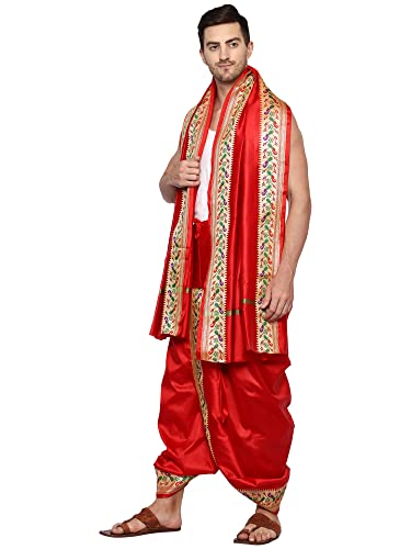 Rameshwaram Fabrics Peacock Border Indian Wedding Dress Dhoti for men, Readymade Ready to Wear Stitched Dhoti with Stole3