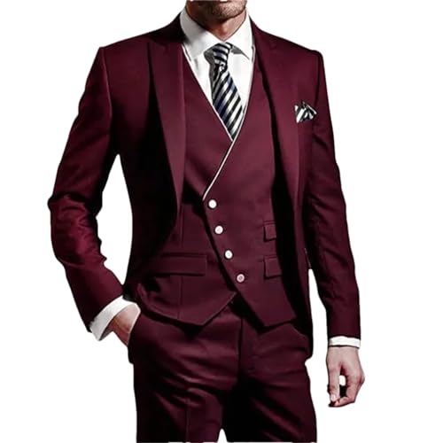 Trajes de boda para hombre, para novio, boda, novio, esmoquin, traje de fiesta de negocios, 3 piezas (chaqueta+chaleco+pantalón), granate, XL