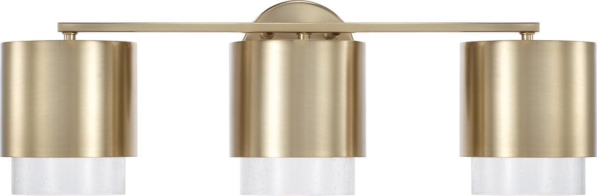 Capital Lighting 153031MA-549 Weller Modern Clear Seeded Glass/Metal Dual Shade Cylindrical Bathroom Vanity, 3-Light 300 Total Watts, 8" H x 24" W, Matte Brass