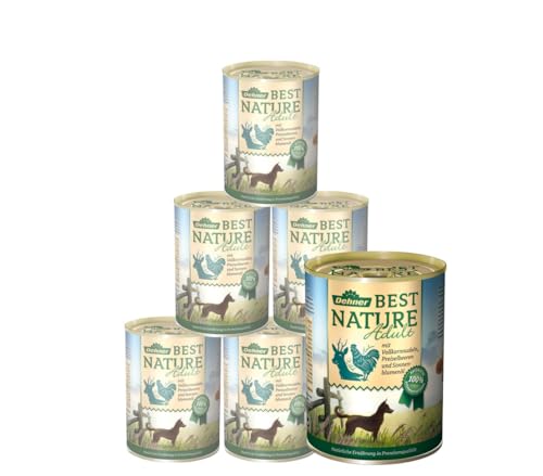 Dehner Best Nature - Cibo umido per cani, senza cereali, per cani adulti, selvaggina, pollo, pasta, 6 barattoli da 400 g (2,4 kg)
