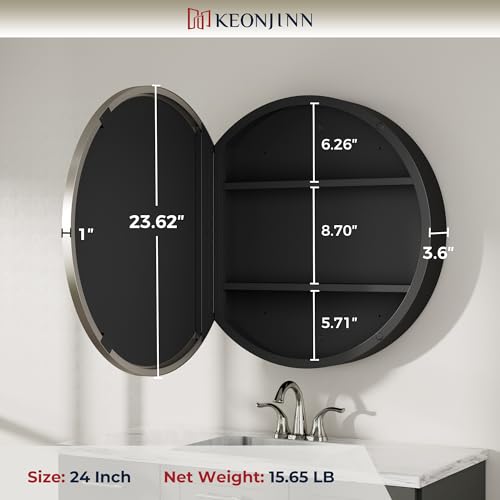 Image of Keonjinn 24 inch x 24 inch Round Medicine Cabinet Mirror, Brushed Nickel Mirror Medicine Cabinet Wall Mounted, Circular Medicine Cabinets with Mirrors, Circle Framed Vanity Mirror with Storage