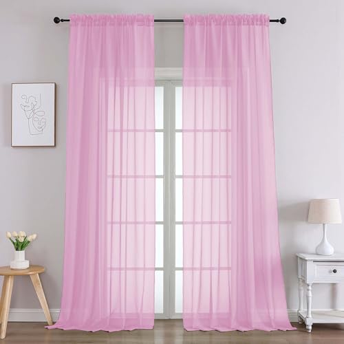 Image of Chyhomenyc Pink Sheer Curtains 96 Inches Long 2 Panels, Light Filtering Pink Curtains for Living Room, Soft Gentle Voile Rod Pocket Bedroom Window Drapes, 59Wx96L Inch, 2PCS