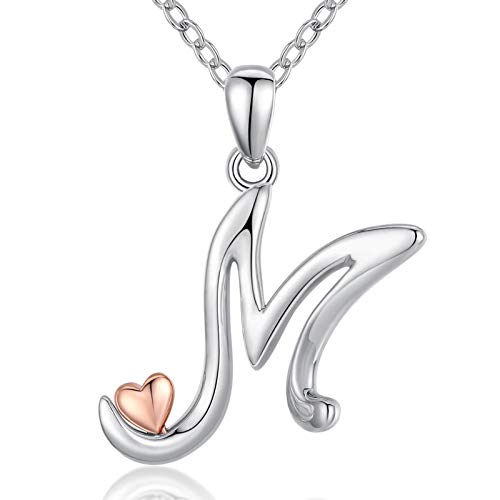 CELESTIA Letra M Collar para Mujeres Niñas, Letra Inicial y Corazón Colgante de Plata de Ley 925 y Oro Rosa, Joyería Personalizados para Ella