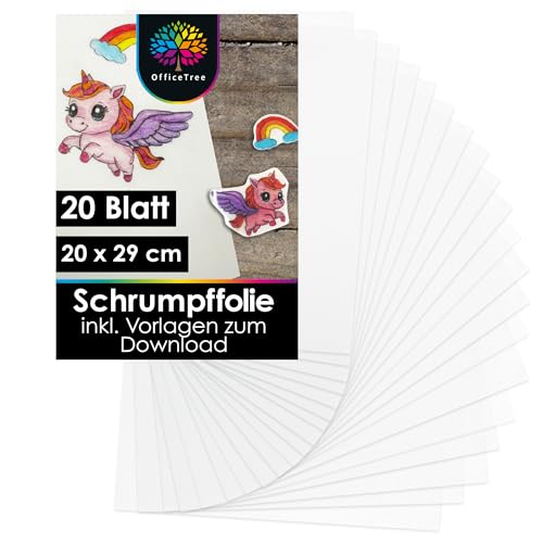 OfficeTree 20x Schrumpffolie Transparent 20 x 29 cm - Schrumpffolie bedruckbar - Shrink Folie inkl. Download-Vorlagen - Shrink Plastic Sheets für Schmuck oder Schlüsselanhänger - Schrumpffolien
