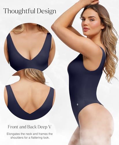 Image of Popilush Shapewear Bodysuit Plunge Deep V Neck Backless Going Out Tank Tops