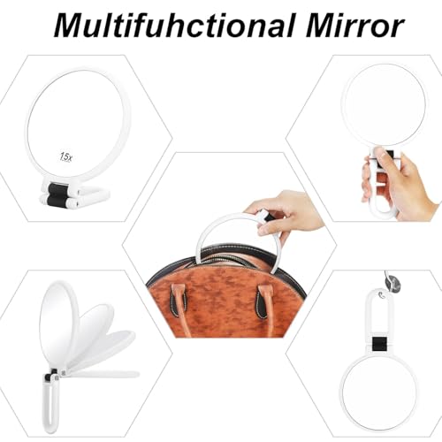 Image of BANIRA Handheld Mirror, Double-Sided Magnification (1x & 15x), Foldable Handle, White Finish, 13.5 cm x 2, Tabletop Mount, Perfect for Makeup & Grooming