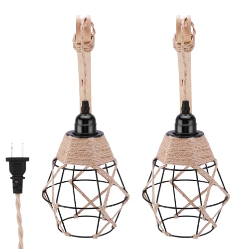 Image of Hanging Lights with Plug in Cord Set of Two, Farmhouse Hanging Lamps Hand Woven Rattan Wall Sconce with Wood Arm Hemp Rope Cord, Boho Wall Sconce for Bedroom Living Room (Plug-in Rocker arm)