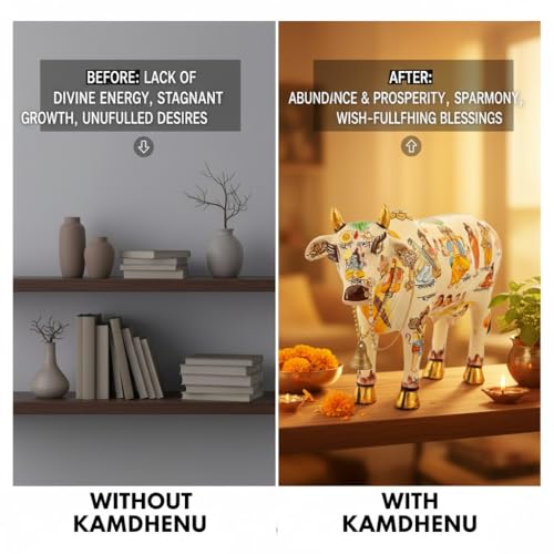 Image of White Kamdhenu Cow with Calf Idol 19cm Marble Finish Handcrafted Polyresin Showpiece Temple Decor Holy Cow Statue Murti for Home Office