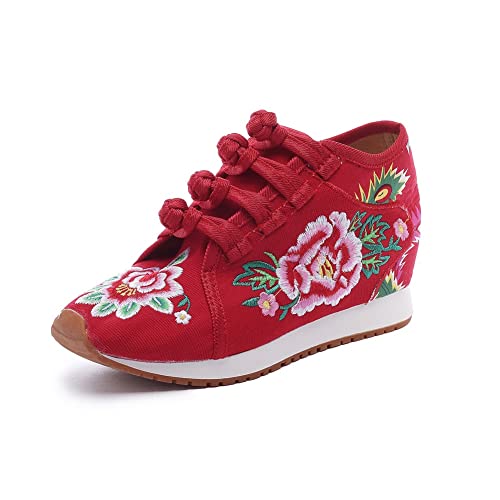 HOTRA Fleur Brodée pour Femmes Chaussures À Semelles Compensées Baskets Compensées Confortables en Toile Chaussures d'hiver Chaudes avec Doublure en Polaire (Color : Red, Size : 37 EU) Cover
