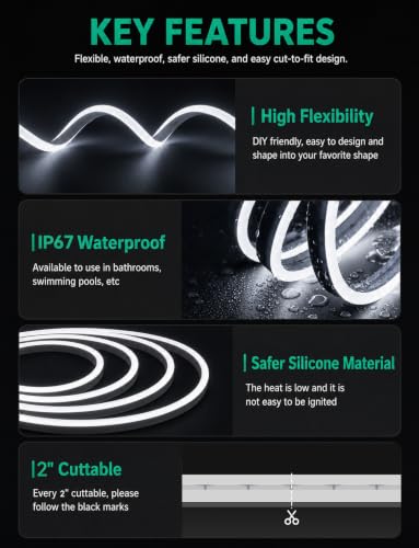Image of Neon Rope Lights, Dimmable LED Strip Light, Cool White, 50ft
