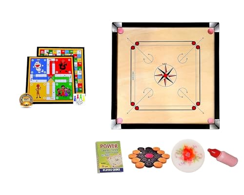 Image of WRF Superior Matte Finish Practice Carrom Board for Serious Professional Practice with Coins Striker and Powder Black New(32inch Carrom with Ludo L-02)