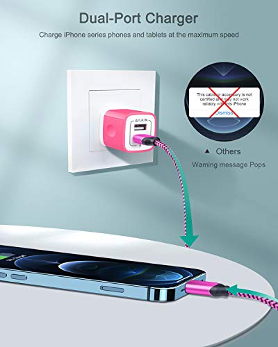 Image of iPhone Charger for 14 /13 /12 /12 Mini /12 Pro /12 Pro Max /SE /11 /11 Pro /11Pro Max /XS /XR /8 /7 /6s, iPad, iPod,Fast Charging Braided Cable with USB Wall Charger, Dual USB Block 6ft Cord