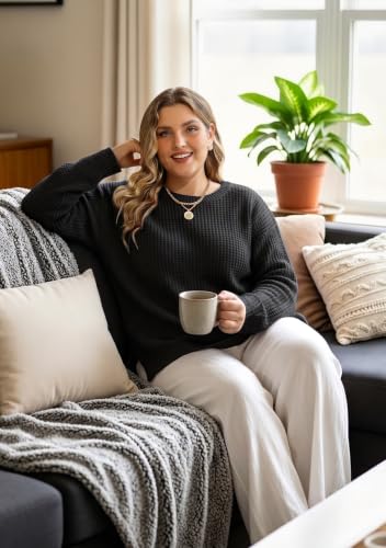 Image of RITERA Plus Size Women Sweaters Waffle Knit Pullover Top Long Sleeve Casual Crewneck Shirt Loose Split Hem Fall Winter Blouse