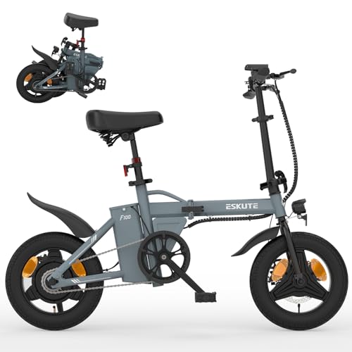 ESKUTE F100 E-Bike Klapprad, 14 Zoll Elektrofahrrad mit USB-Ladeanschluss für Handy, 250W EU-konformes Elektrofahrräder, Integrierter 36V 9Ah Akku, Reichweite bis 35-60KM, Dunkelgrau