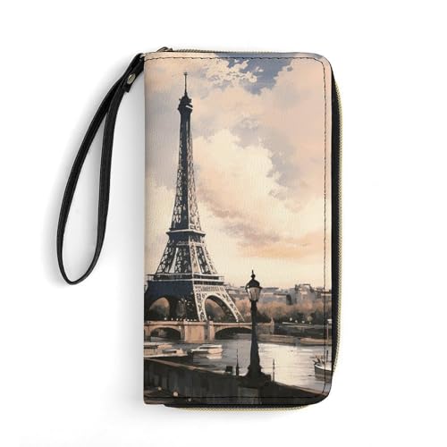 Vintage Style Eiffel Tower Paris Leather Wallet Smooth Zip Around Clutch Wristlet Travel Long Soft Purse for Women