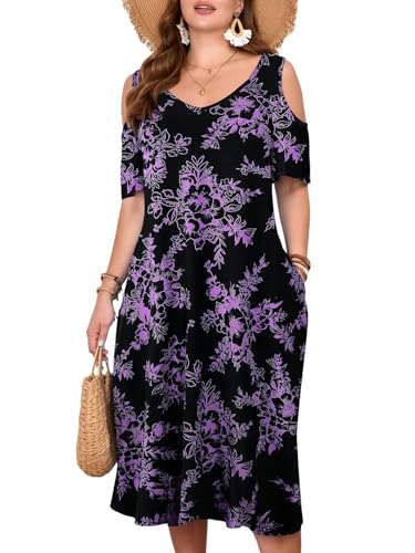 Image of LARACE Plus Size Women Dress for Summer, Midi Women's Sundress, Casual V-Neck Short Sleeve Flowy T-Shirt Dresses with Pockets