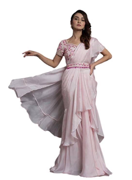 Ready To Wear Lehenga Saree & Belt Set For Women Bollywood Style Apple Organza Silk Fabric On Fully Stitched Blouse Baby Pink-image-20