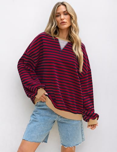 Image of UEU Women Oversized Striped Crewneck Sweatshirt Long Sleeve Color Block Pullover Tops Casual Loose Workout Shirt