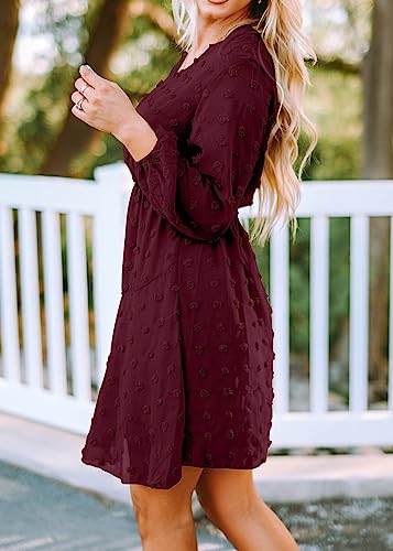 Kirundo Women's 2023 Fall Long Sleeve V Neck Flowy Mini Dress Swiss Dot High Waist Chiffon Casual Dresses With Belt(Style2-Wine Red, Large) #TOP3