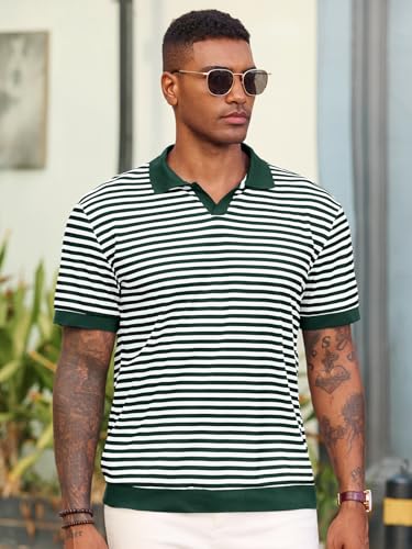 Camiseta polo tejida para hombre de Runcati, manga corta con cuello en V y rayas, ideal para golf y uso casual en verano miniatura 3