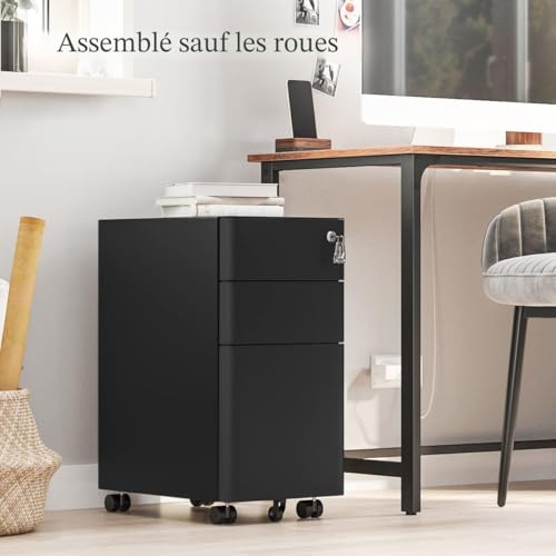 Caisson bureau 3 tiroirs verrouillable acier noir SONGMICS