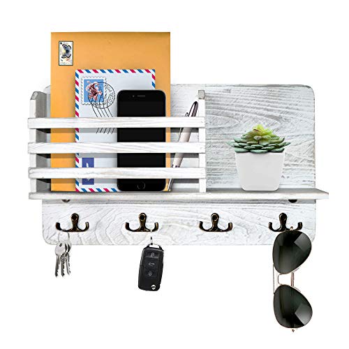 LivWins - Mail Holder for Wall, Key Holder for Wall, Wall Mount Organizer, Floating Shelf with Key Hooks for Entryway, Storage, Living Room, Kitchen (Rustic White)