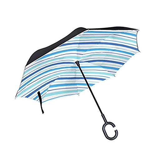 Parapluie inversé double pliage anti-tempête à rayures lumineuses poignée en C