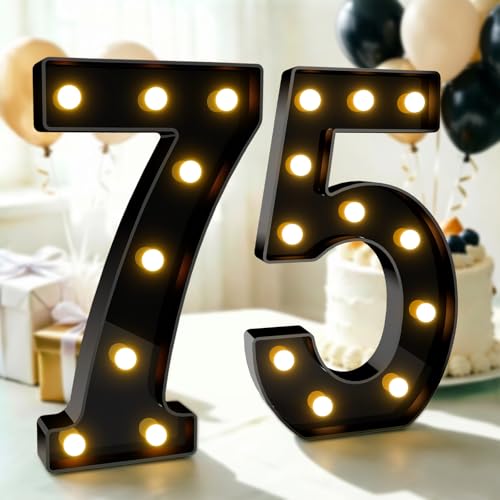 Image of Pooqla 75th Birthday Decorations for Men, Large Black Light Up Numbers | Black Party Decorations, 12.6in Tall Big Marquee Numbers 75th Anniversary Birthday Gift for Men Him Room Decor