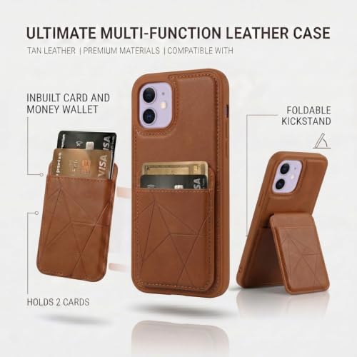 Image of amazon basics Premium Vegan Leather Back Cover with Card Holder and Integrated Mobile Stand for iPhone 11 - Slim Shockproof Wallet Case with Geometric Stitching [Tan]