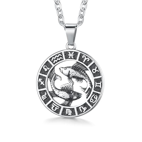 GHIUYUI Zodiac Sign Pendant Necklaces for Women Men Stainless Steels Leo Constellation Horoscope Medallion Retro Celestial Astrology Jewelry (Pisces 2.19~3.20 Silver)