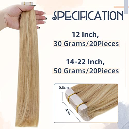 RUNATURE 18 Inch Tape in Hair Extensions Human Hair Golden Blonde Highlight Blonde Tape Hair Extensions Real Human Hair Remy Invisible Tape Hair 50gram #16p24 - Image 4