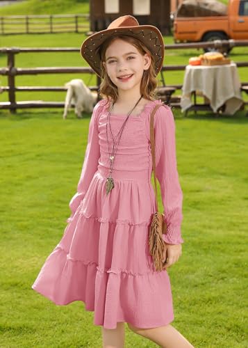 HOZIY Girls Long Sleeve Dress Ruched Smocked Tiered Ruffle A-Line Casual Boho Teen Dresses with Pocket Size 6-16 Years
