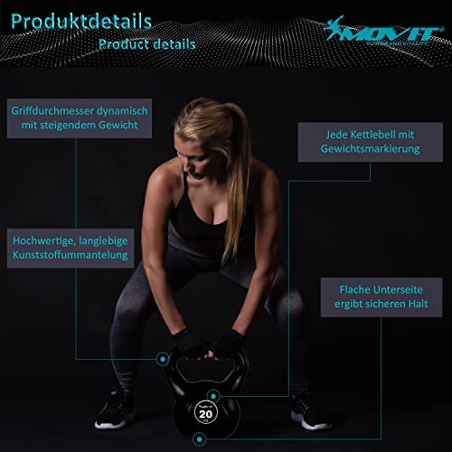 MOVIT Kettlebell STYLISH Grey, Kugelhantel mit bodenschonender Kunststoffhülle, 2 kg bis 20 kg, schadstoffgeprüft – Bild 6