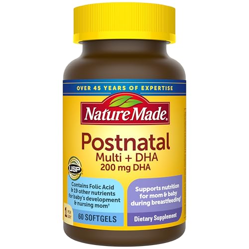 Nature Made Postnatal Multivitamin + DHA 200 mg, Postnatal Vitamins for Women, Includes Iron, Vitamin D3, Calcium, Iodine & More for Breastfeeding Moms, 60 Softgels