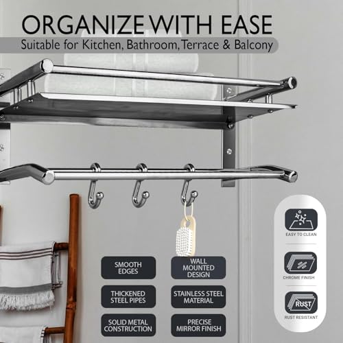 Image of Pivalo 2 in 1 304 Grade Stainless Steel Bathroom Shelf with Hook Hanger Multipurpose Home Accessories Organizer Set Corner Wall Mount Rack for Towel Soap & Toothbrush (Pack of 1, Silver, 1001A)