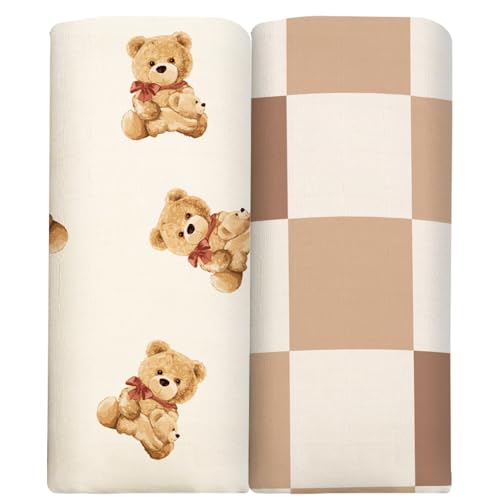 Image of BabyWhale Muslin Swaddle Blankets for Boys & Girls Unisex, 2-Pack Viscose from Bamboo Cotton Large Baby Swaddle Blankets (47 inch x 47 inch), Bear & Checkered Coffee Pattern
