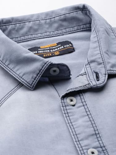 Image of The Indian Garage Co Men Slim Fit Solid Full Sleeves Cutaway Collar Double Flap Pocket Casual Denim Shirt